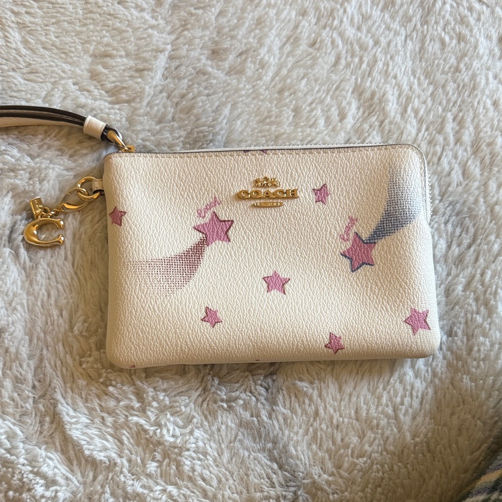 Coach Cream Wristlet with Pink and Purple Stars